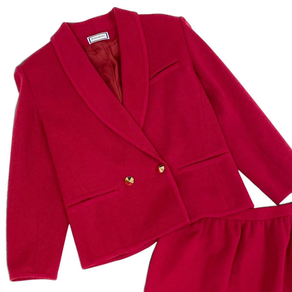 L Eh6 YVES SAINT LAURENT Skirt Suit Double Breasted Gold Button Knit Jacket Wool M Red Women o07t