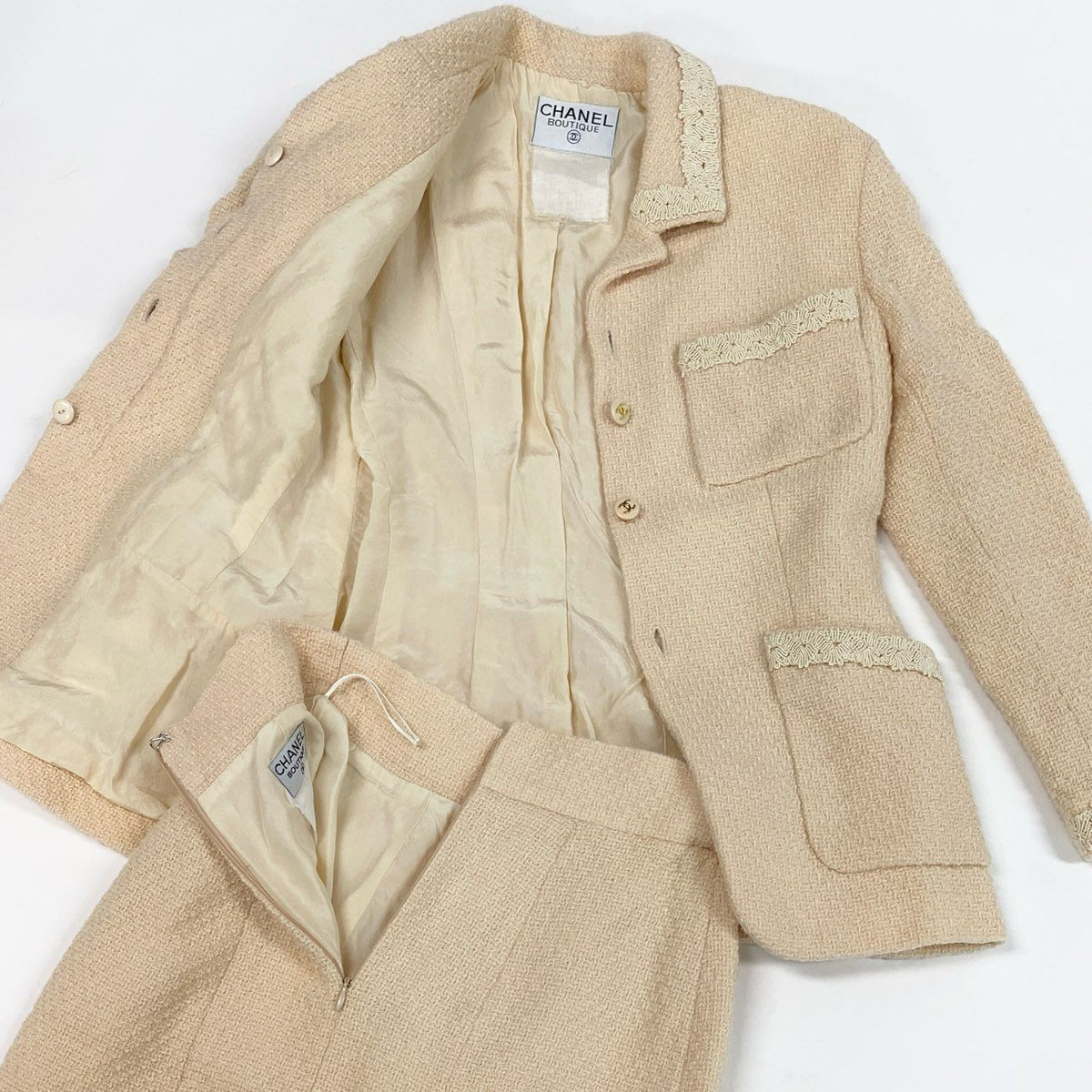 @Cc3 Vintage Chanel Coco Mark Button Tweed Jacket Skirt Setup M Equivalent Ivoryta1
