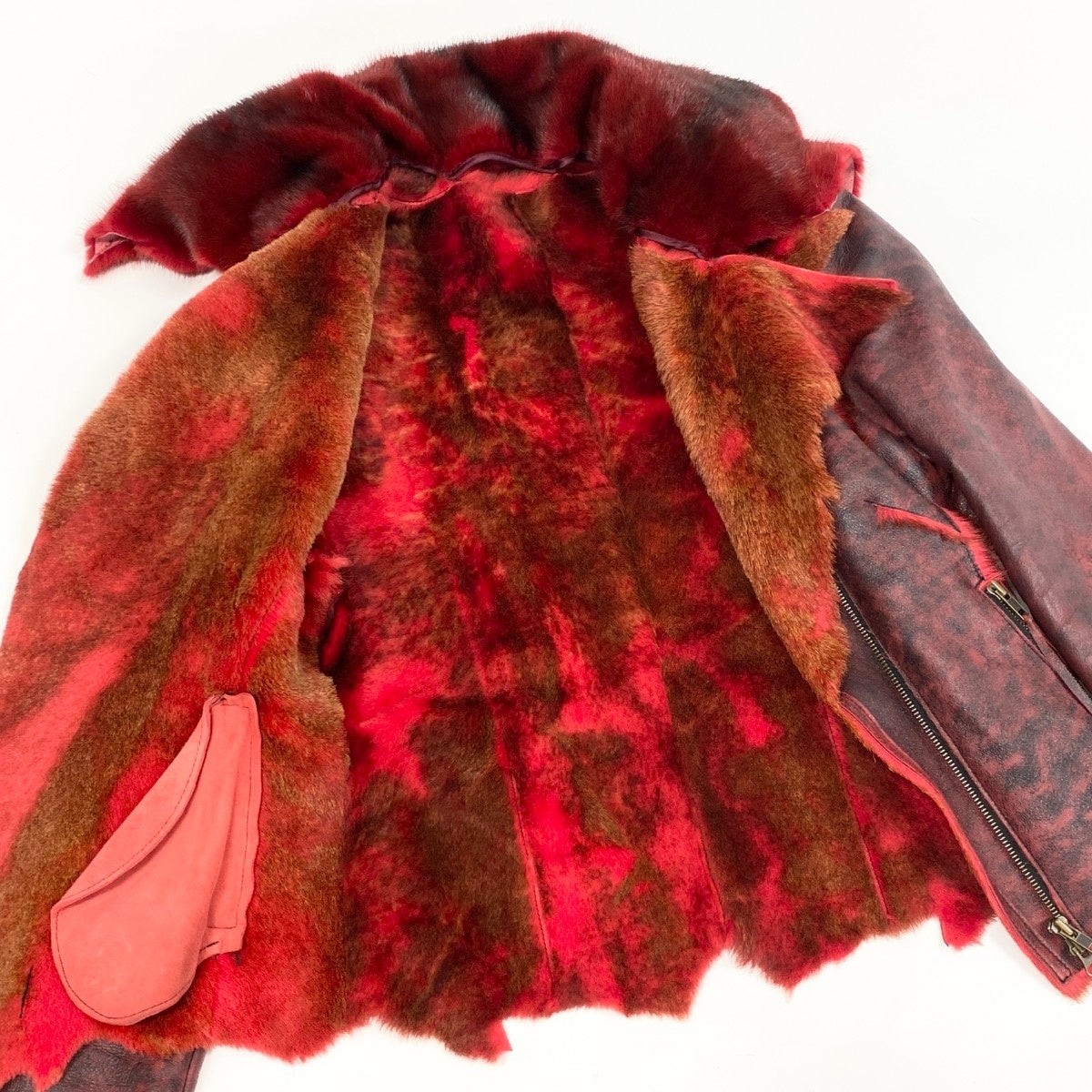N Eh10 Leather Riders Jacket Shearling Mink Collar Double Zip Raw Edge Burgundy Women