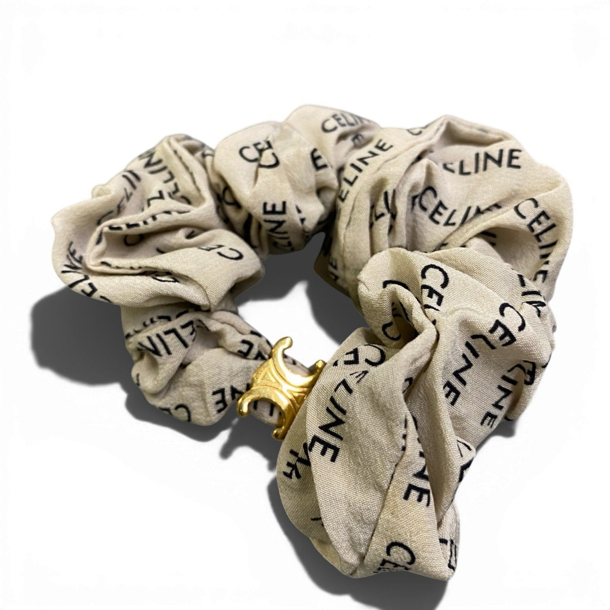 @ b16 CELINE Triomphe Logo Silk Scrunchie Green Gold Franceta1