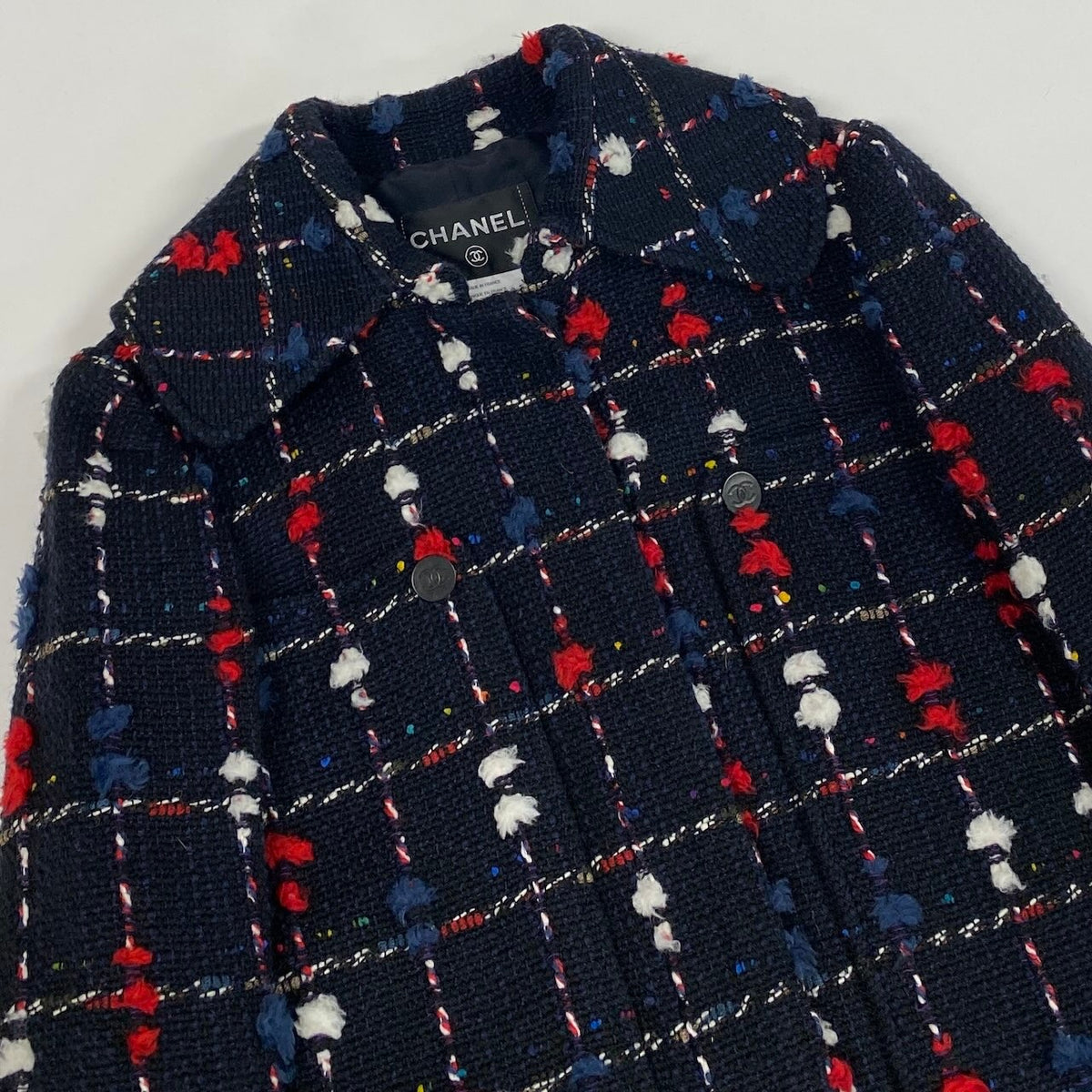 Cd2@Cd2CHANEL CC Button Tweed Soutien Collar Coat P42157 Navy Size 36 France Women'st18r