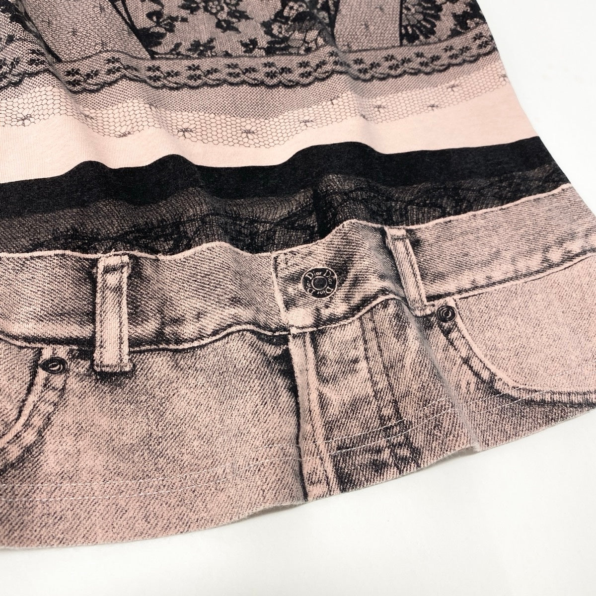 @Ih10 Christian Dior Short-Sleeve Top (2006 Galliano Era) – Trompe-l'œil Lace-Print Corset Style – Model 6E16155202 F36 – Pale Orange & Black – 100% Cotton – Women'su02t