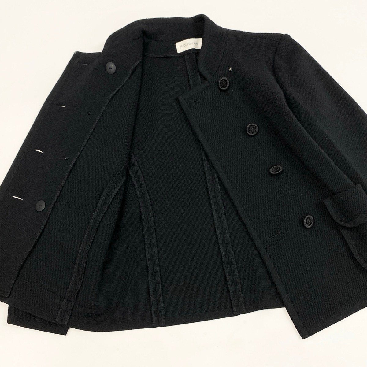L Eh6 Yves Saint Laurent Vintage Collarless Knit Jacket Floral Buttons Wool M Black Women o07t