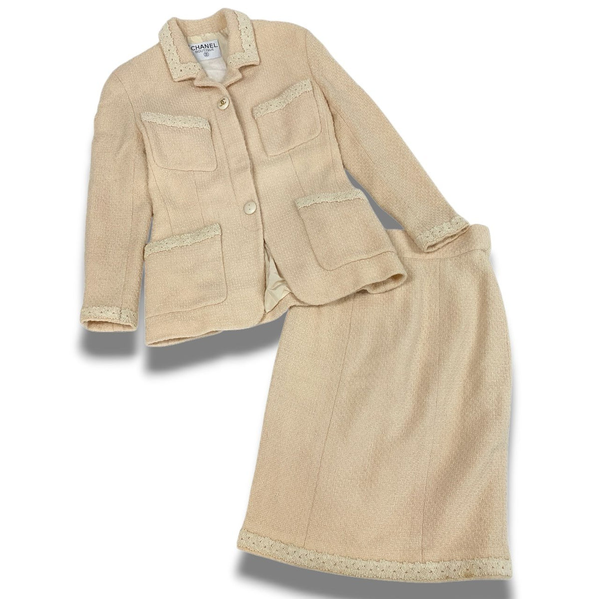 @Cc3 Vintage Chanel Coco Mark Button Tweed Jacket Skirt Setup M Equivalent Ivoryta1