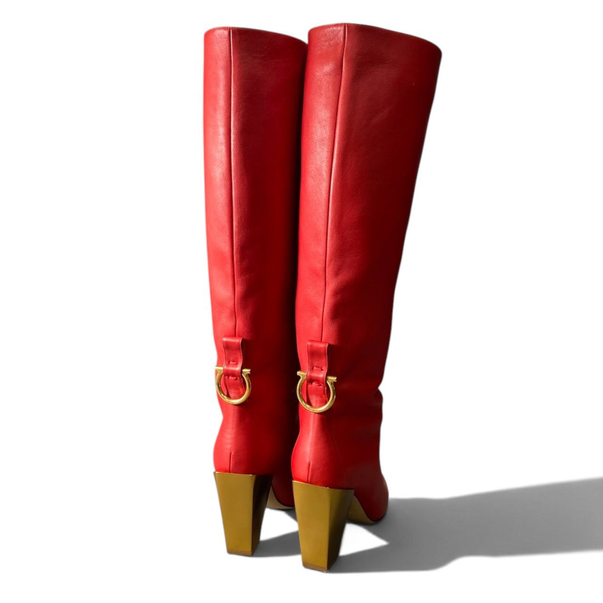 h12Salvatore Ferragamo Gancini Chunky Heel Long Boots Size 7 Women'sk02i
