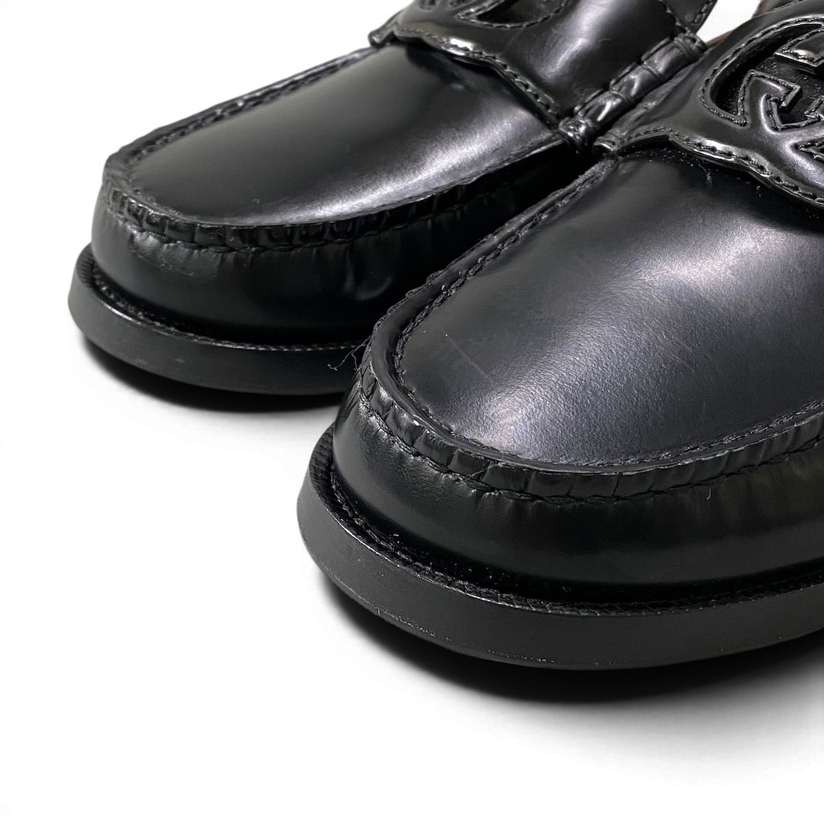 @e4 GUCCI Interlocking GG Logo Loafers Black Leather Slip On Dress Shoes 738470 Size 8.5 Men’s Italyo07t