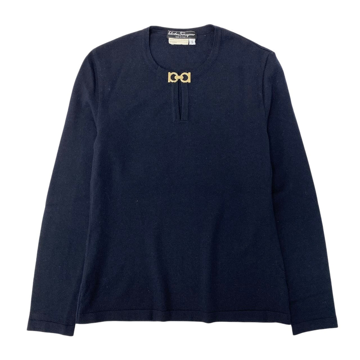 @S Id2 Salvatore Ferragamo Gancini Long Sleeve Knit Sweater Size S Navy Wool 100% Women's Italyu02t