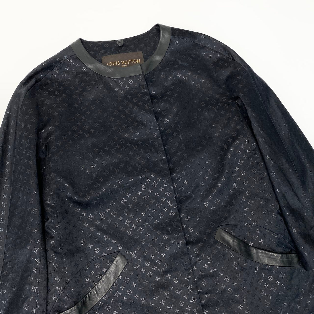 K @I LOUIS VUITTON Black Monogram Long Coat Leather Trimnu1