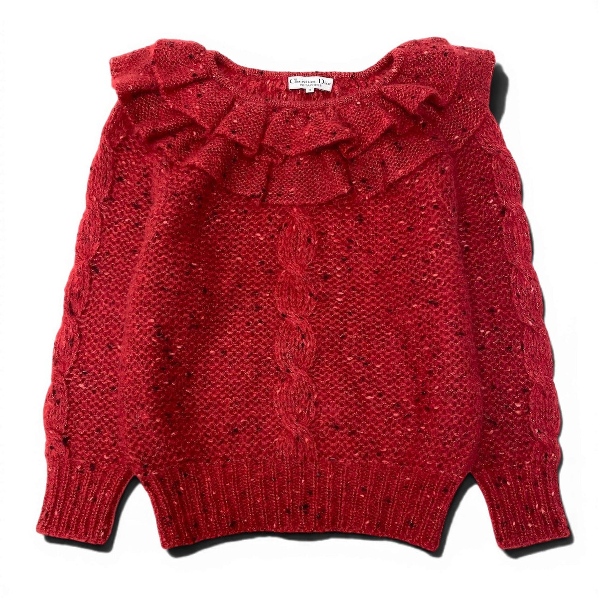 @D Eg6 Christian Dior Ruffle Neck Chunky Knit Wool Sweater Size M Red Women's
