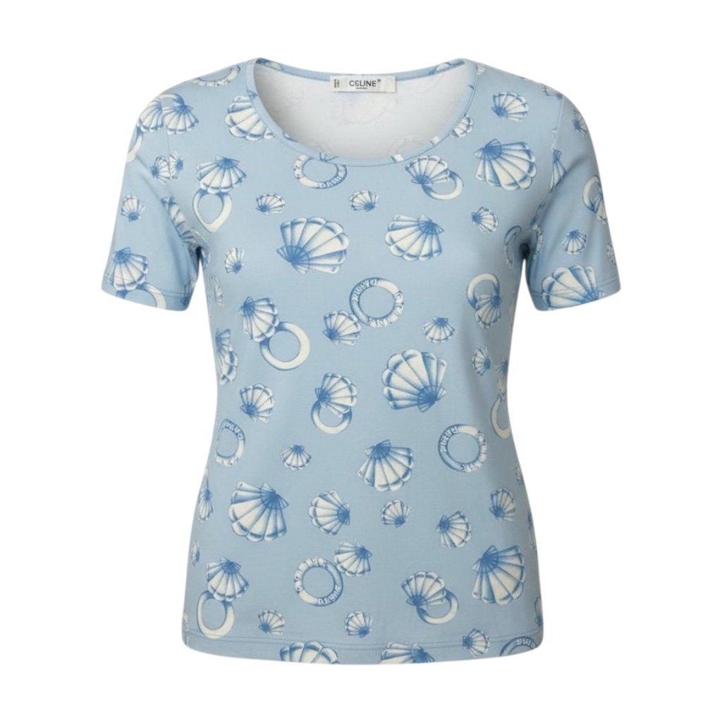 Ic30 CELINE セリーヌ マリン柄 半袖Tシャツ クルーネック カットソー 総柄 伸縮ストレッチ レディース 女性服 ライトブルーu02tu02tu02t