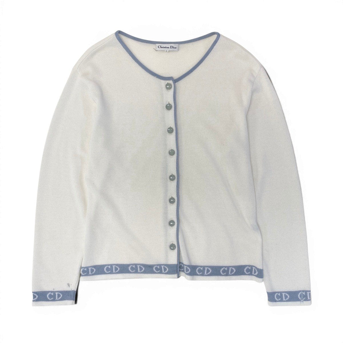 @H Eg8 Christian Dior CD Logo Bicolor Long Sleeve Knit Cardigan Size L White Women o07t