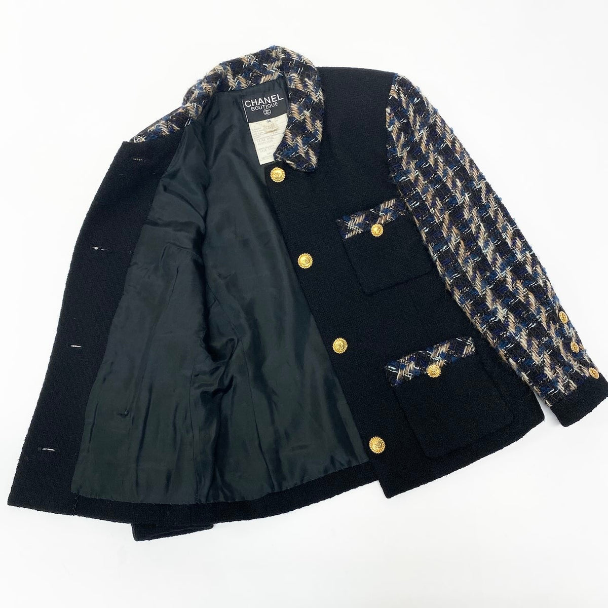@C CHANEL Vintage 90s Skirt Suit Set Black Tweed Blue Plaidnu1