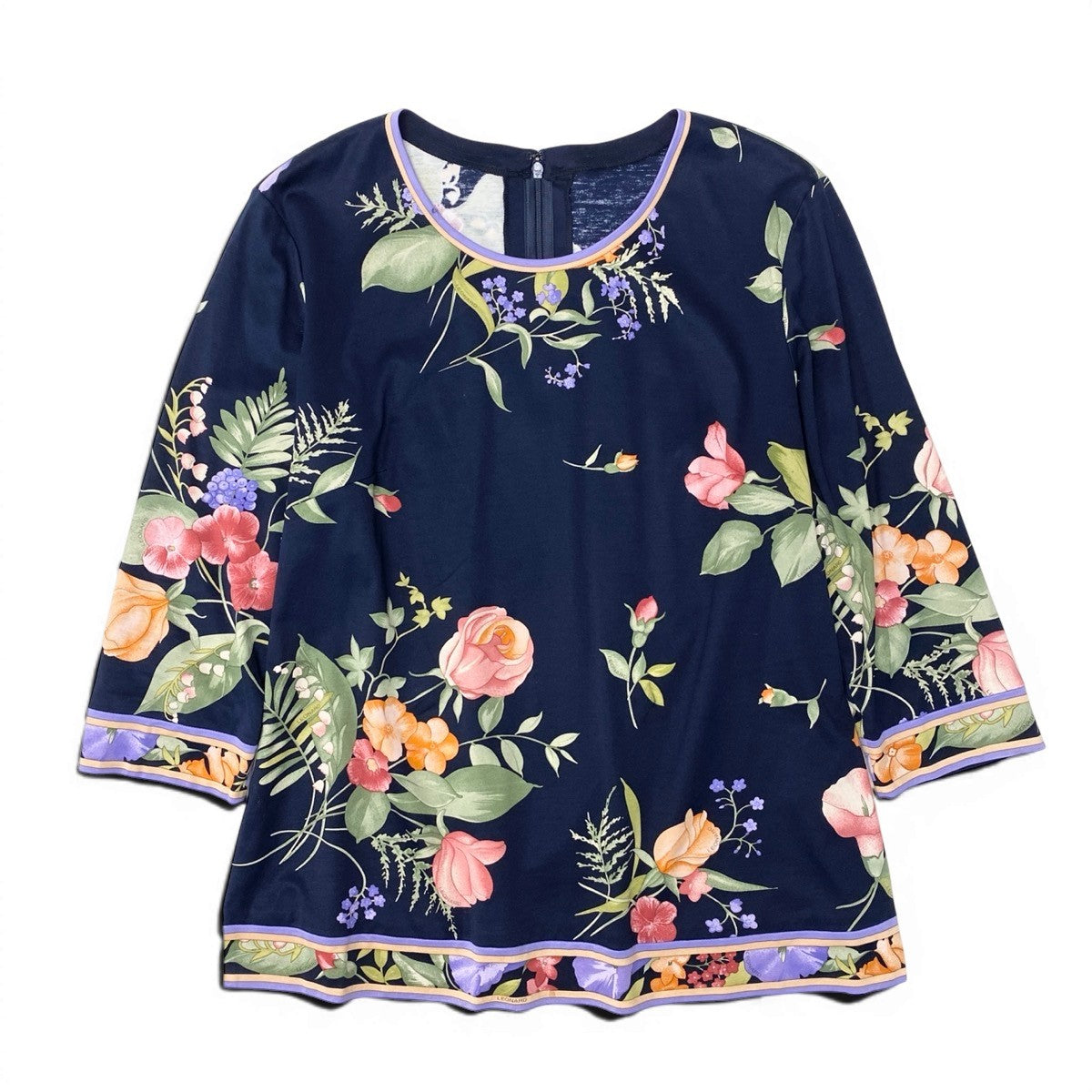 49g17 【美品】 LEONARD FASHION ロングスリーブ カットソー 美しい花柄プリント サイズ42 ネイビー コットン100% レディースu02t