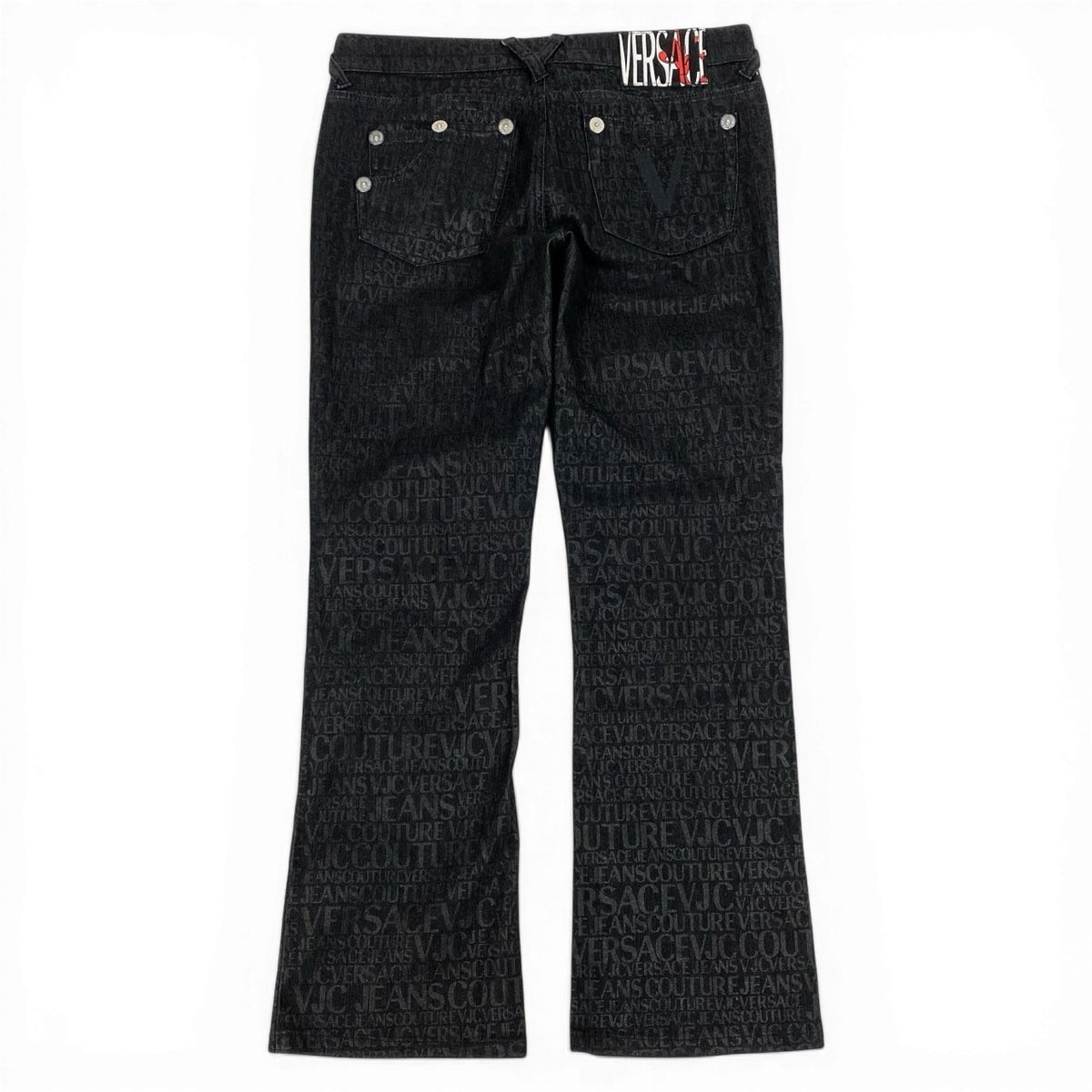 @Id9 VERSACE denim pants with all-over logo print, size 28.u02t