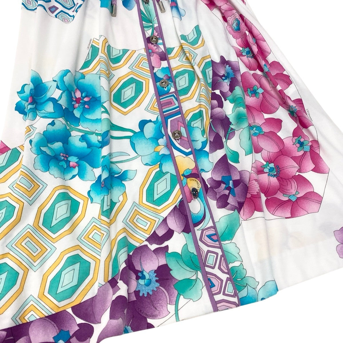34g17 LEONARD FASHION レオナール ロング ベストジレ ワンピース 美しい花柄プリント サイズ42 マルチカラー コットン100% レディースu02t