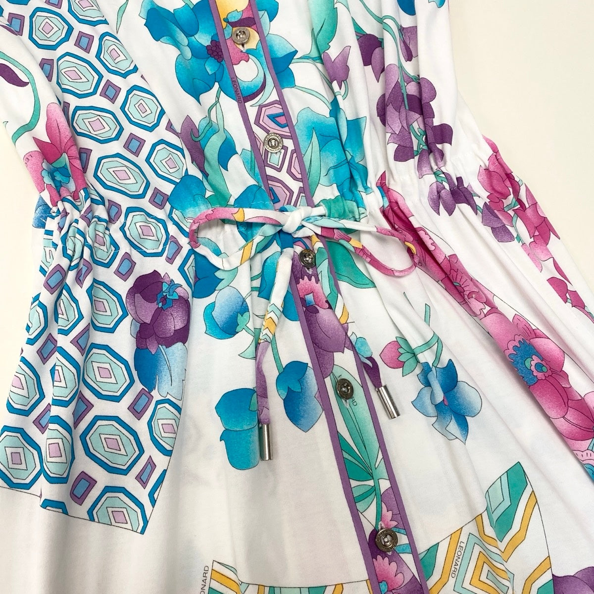 34g17 LEONARD FASHION レオナール ロング ベストジレ ワンピース 美しい花柄プリント サイズ42 マルチカラー コットン100% レディースu02t
