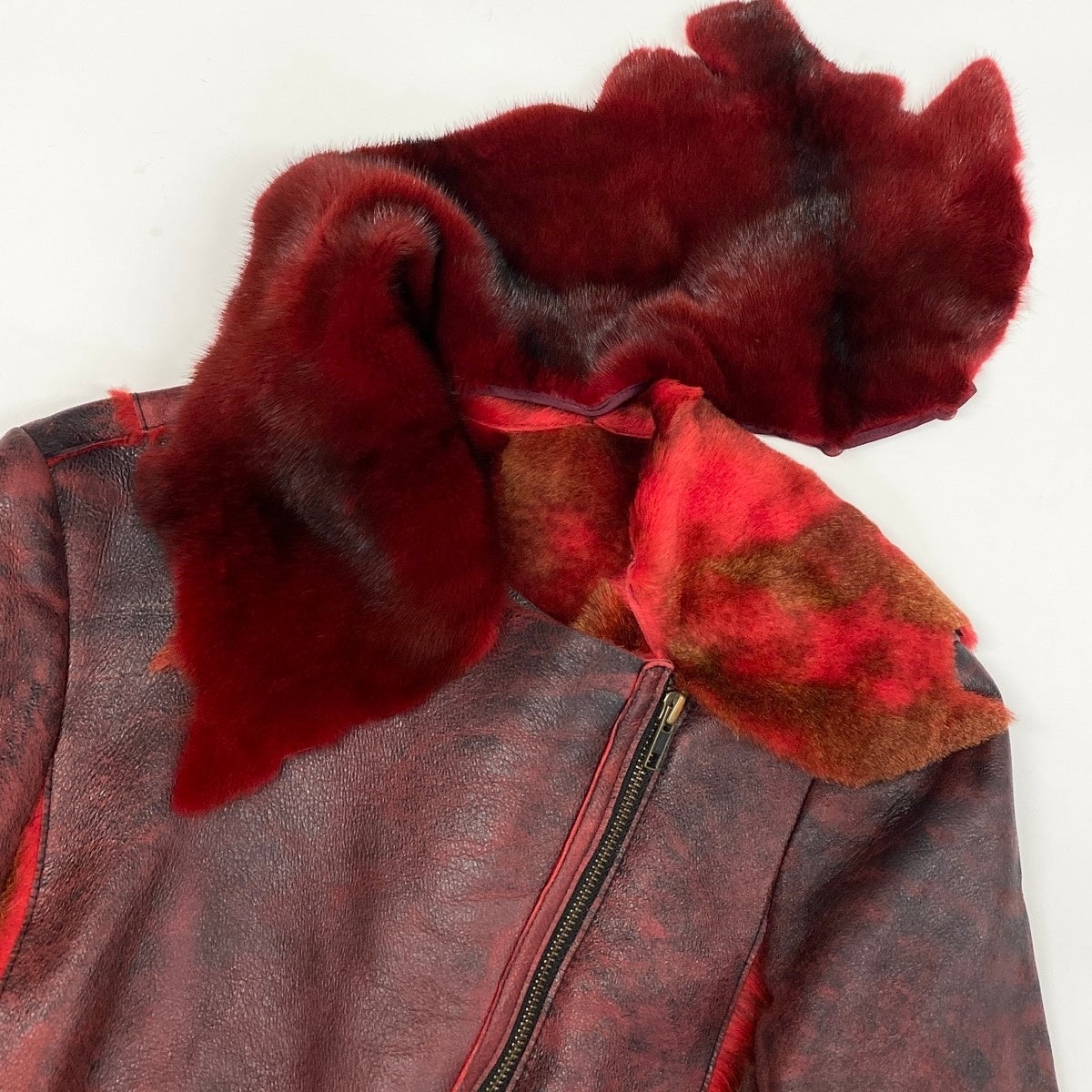 N Eh10 Leather Riders Jacket Shearling Mink Collar Double Zip Raw Edge Burgundy Women