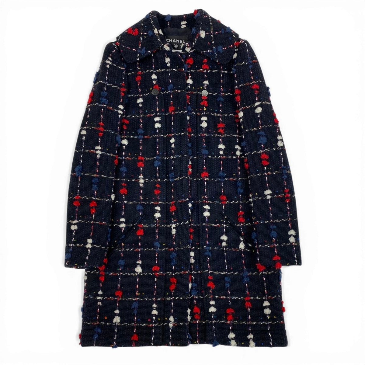 Cd2@Cd2CHANEL CC Button Tweed Soutien Collar Coat P42157 Navy Size 36 France Women'st18r