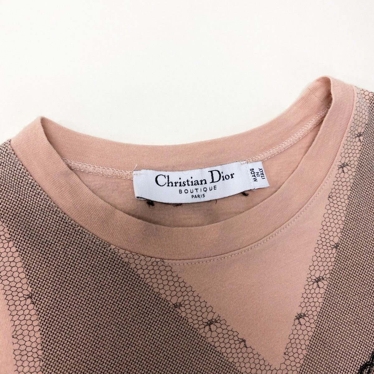 @Ih10 Christian Dior Short-Sleeve Top (2006 Galliano Era) – Trompe-l'œil Lace-Print Corset Style – Model 6E16155202 F36 – Pale Orange & Black – 100% Cotton – Women'su02t