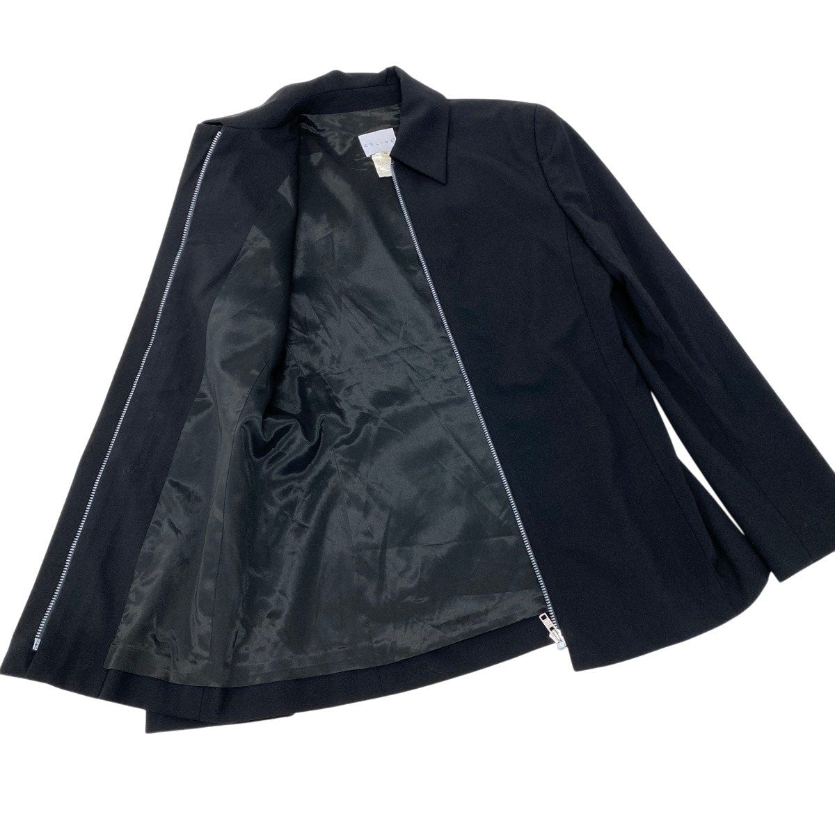 K Eh10 CELINE セリーヌ フルジップジャケット ステンカラー ハーフコート サイズ42 ブラック レディースo07t