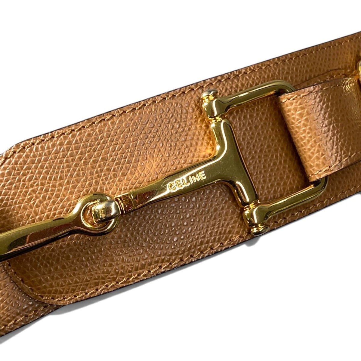 h12 CELINE Celine Horsebit Leather Belt, Size 80, Light Brown Leather with Gold-Tone Hardwareu02t