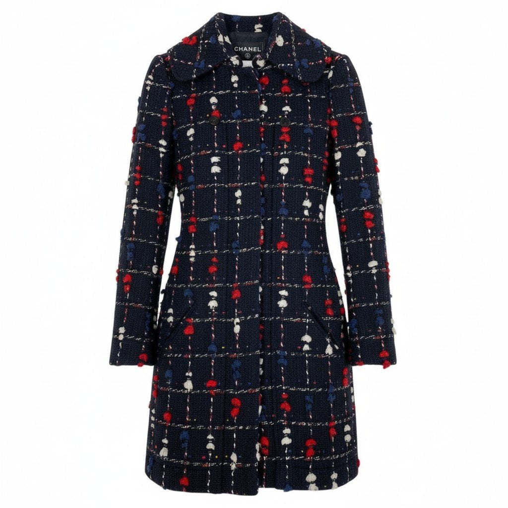 Cd2@Cd2CHANEL CC Button Tweed Soutien Collar Coat P42157 Navy Size 36 France Women'st18r