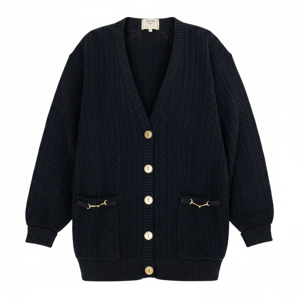 46f11 CELINE Vintage Knit Cardigan, Cable Knit, Gold Buttons, Size 42u02t