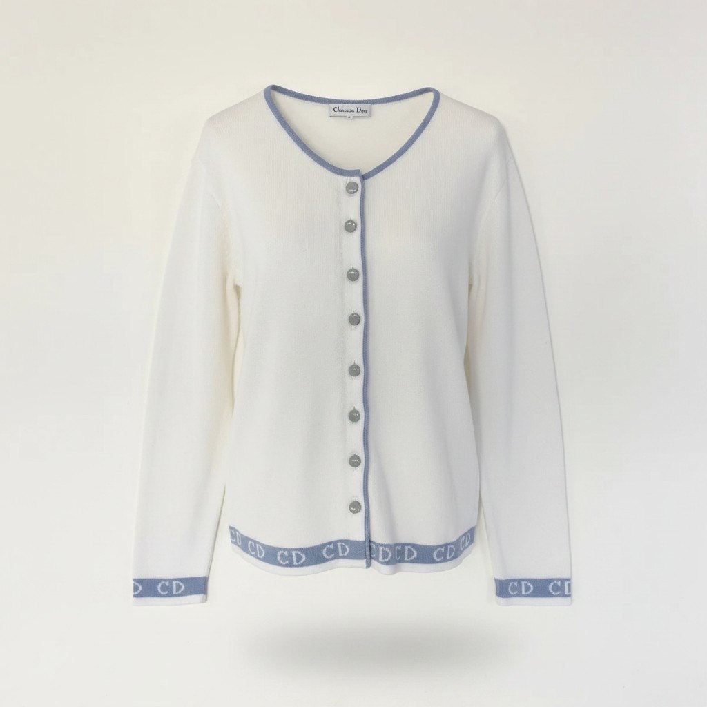 @H Eg8 Christian Dior CD Logo Bicolor Long Sleeve Knit Cardigan Size L White Women o07t