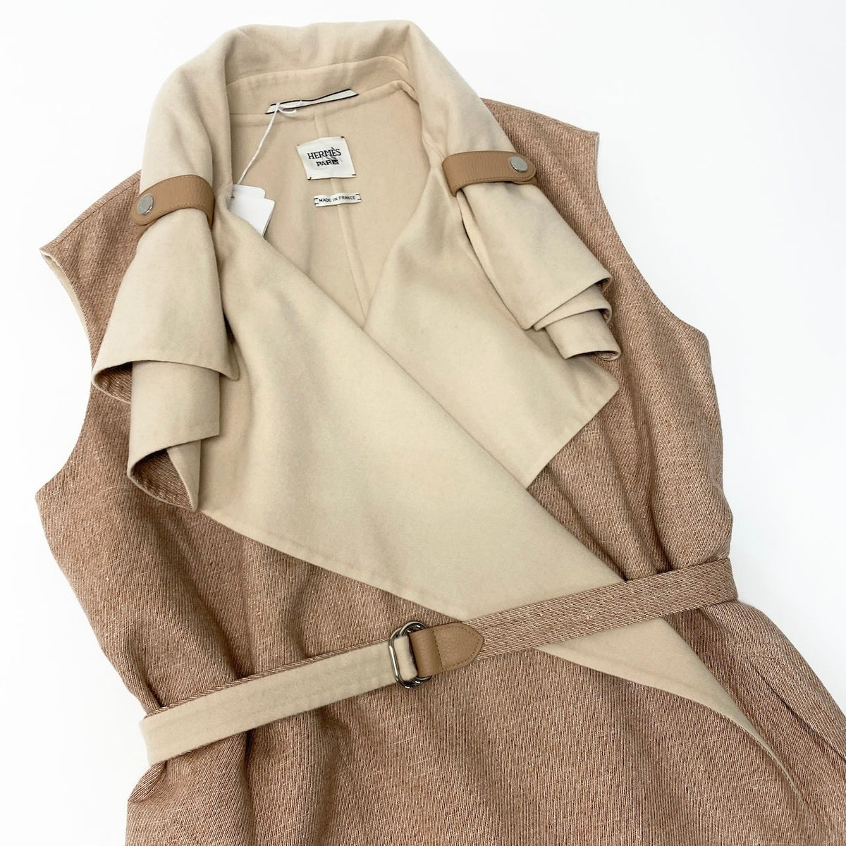 @E HERMES Hermes Double Face Wrap Coat Sleeveless Long Cashmere Pink Beige Size 38 Women NEW w/Tagnu1