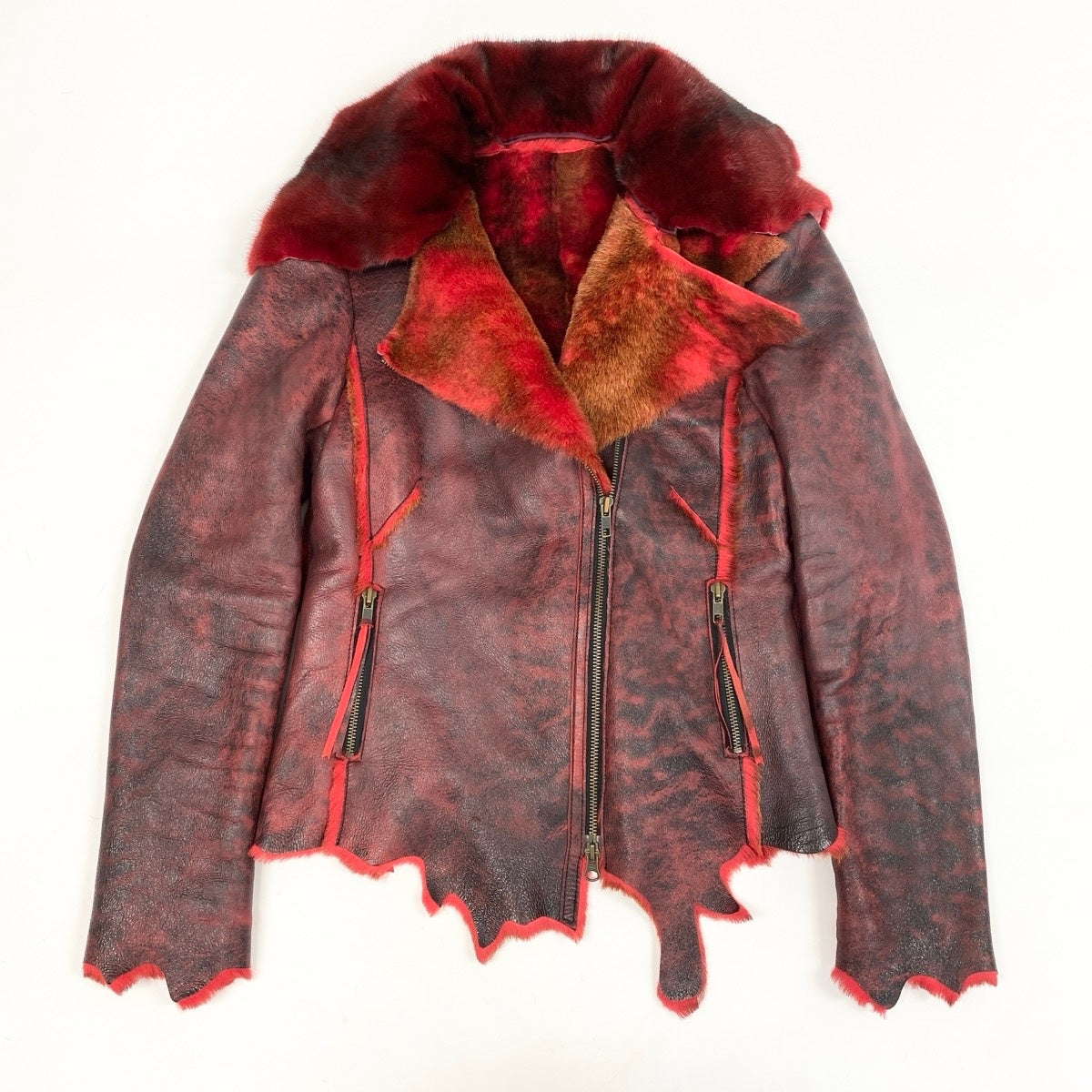 N Eh10 Leather Riders Jacket Shearling Mink Collar Double Zip Raw Edge Burgundy Women