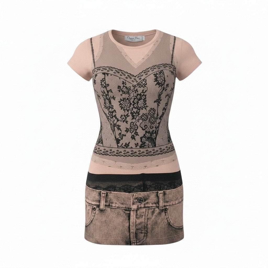 @Ih10 Christian Dior Short-Sleeve Top (2006 Galliano Era) – Trompe-l'œil Lace-Print Corset Style – Model 6E16155202 F36 – Pale Orange & Black – 100% Cotton – Women'su02t