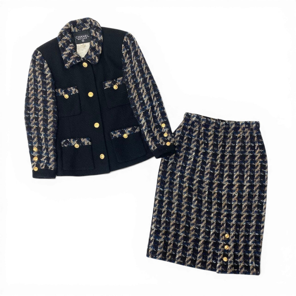 @C CHANEL Vintage 90s Skirt Suit Set Black Tweed Blue Plaidnu1