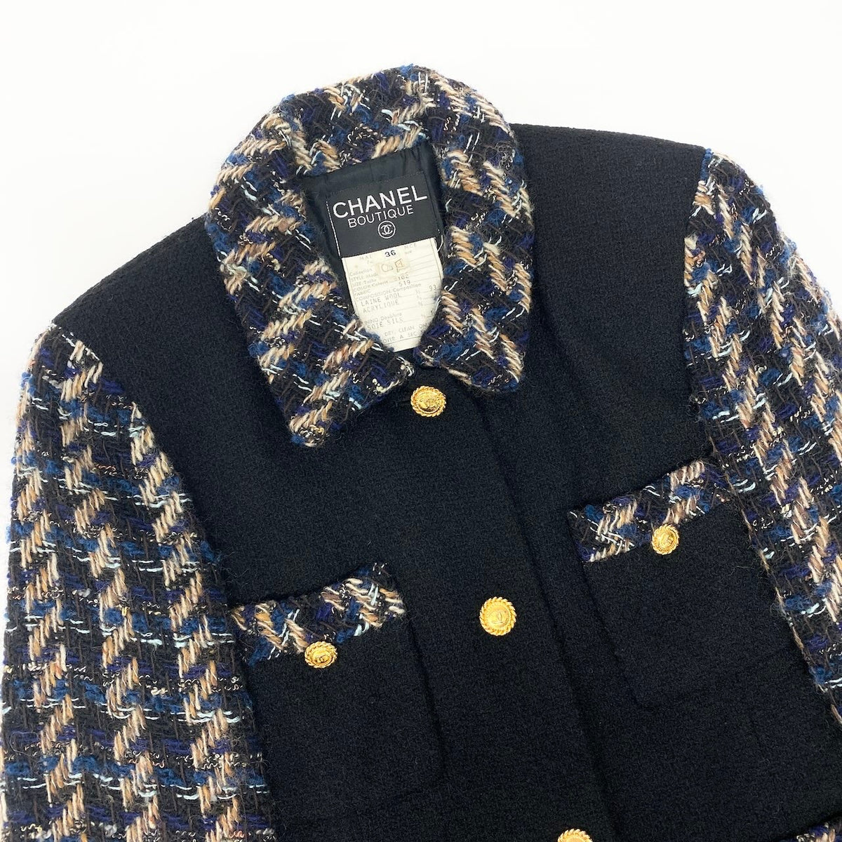 @C CHANEL Vintage 90s Skirt Suit Set Black Tweed Blue Plaidnu1