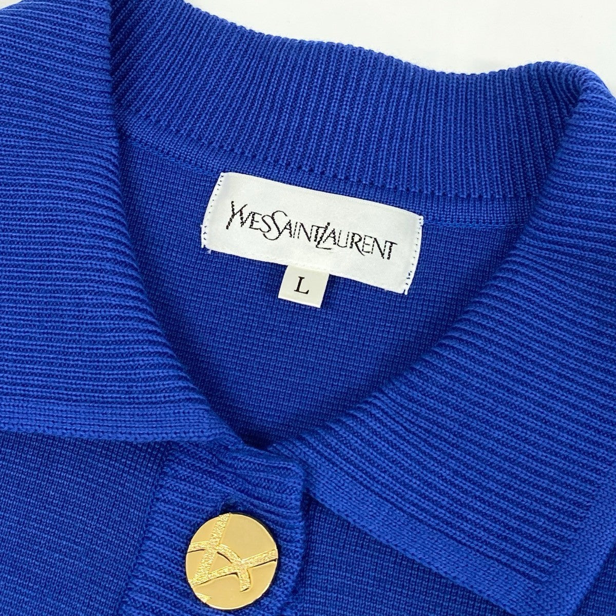 L Eh6 Yves Saint Laurent YSL Logo Gold Button Knit Cardigan Wool Size L Blue Women o07t
