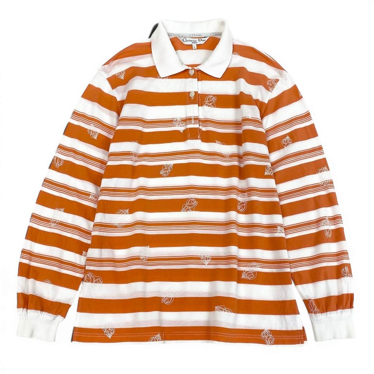 @Eg6 Christian Dior Sports Striped Long Sleeve Polo Shirt Orange White Cotton Size L Women'so07t