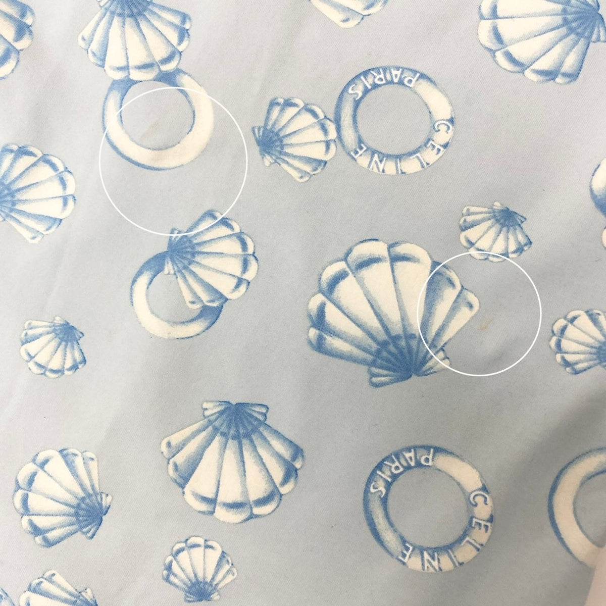 Ic30 CELINE セリーヌ マリン柄 半袖Tシャツ クルーネック カットソー 総柄 伸縮ストレッチ レディース 女性服 ライトブルーu02tu02tu02t
