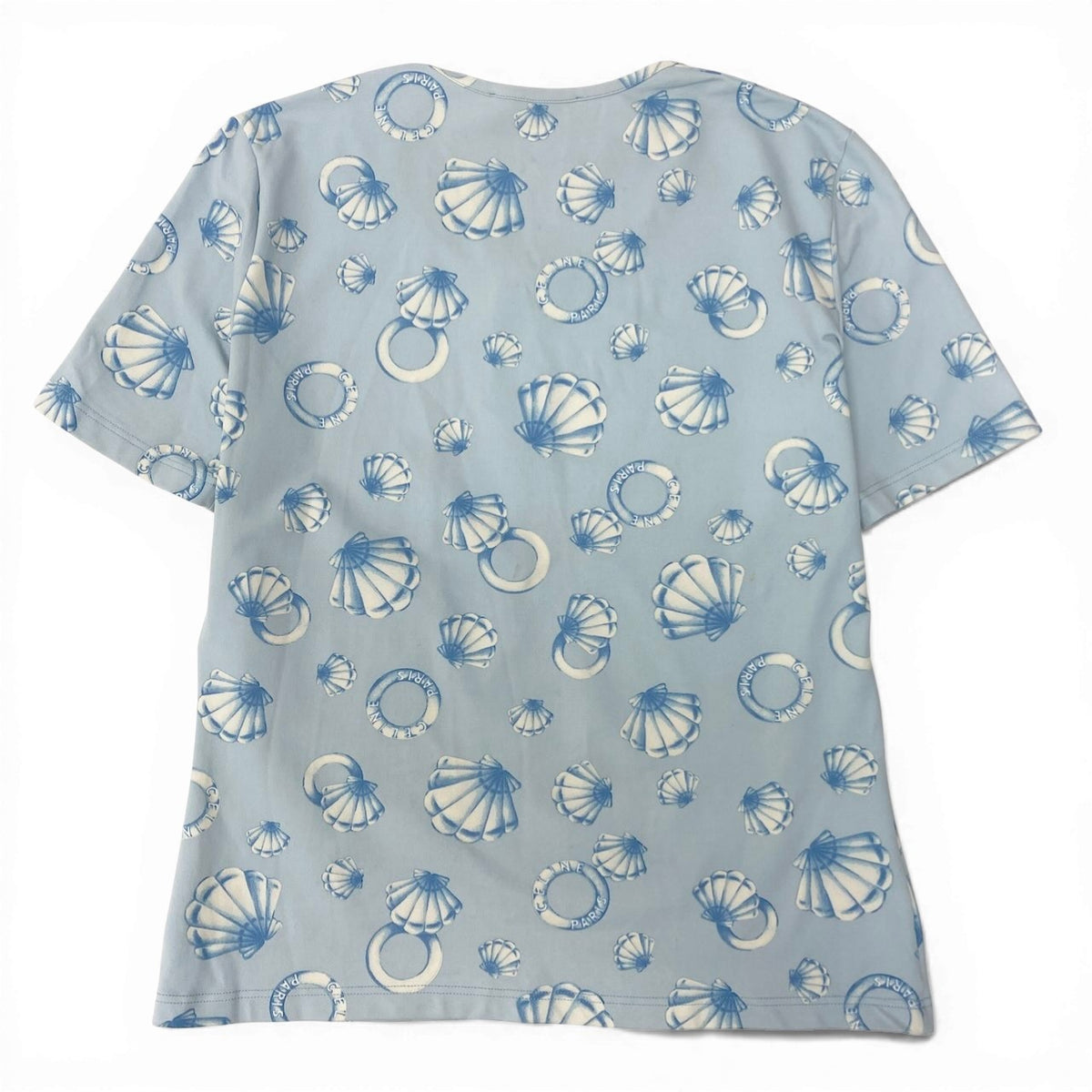 Ic30 CELINE セリーヌ マリン柄 半袖Tシャツ クルーネック カットソー 総柄 伸縮ストレッチ レディース 女性服 ライトブルーu02tu02tu02t