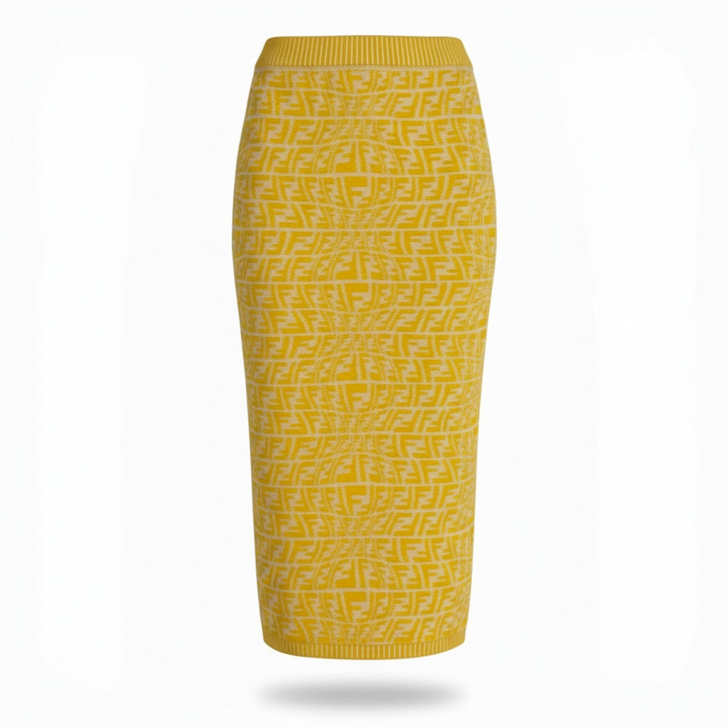 @ Ib7 Fendi 2021 FF Logo Knit Pencil Skirt Yellow Size 38ta1