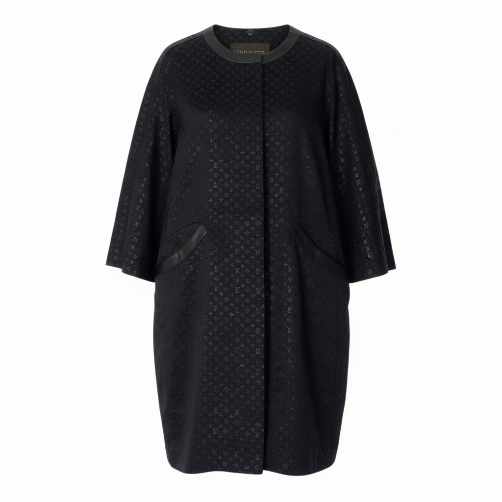 K @I LOUIS VUITTON Black Monogram Long Coat Leather Trimnu1
