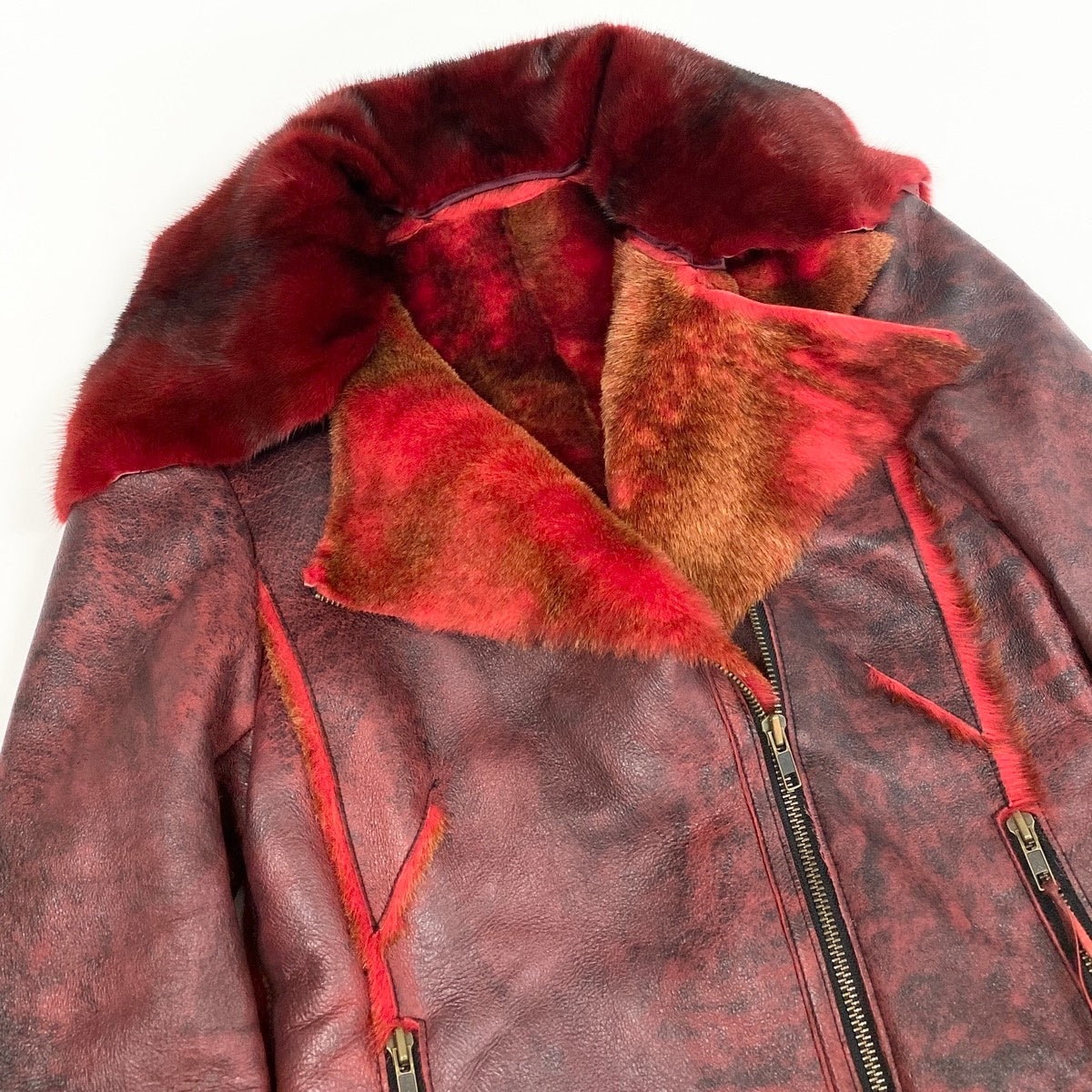 N Eh10 Leather Riders Jacket Shearling Mink Collar Double Zip Raw Edge Burgundy Women