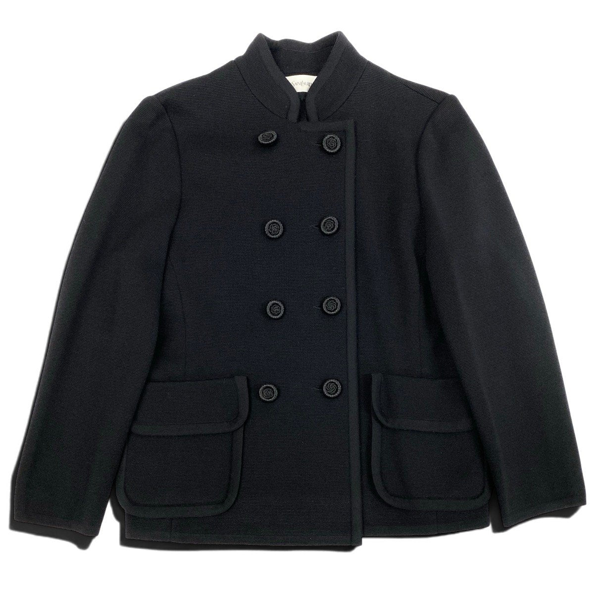 L Eh6 Yves Saint Laurent Vintage Collarless Knit Jacket Floral Buttons Wool M Black Women o07t