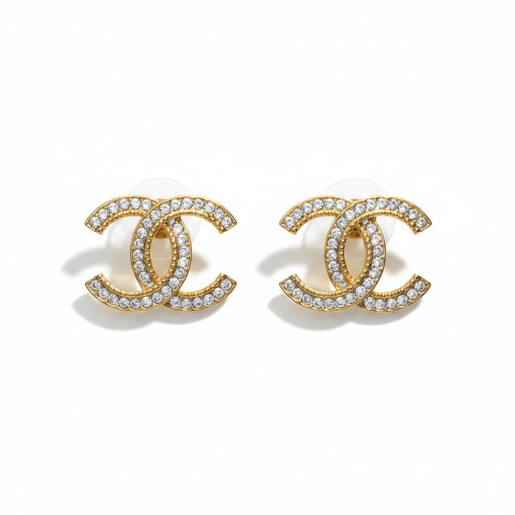 h2CHANEL CC Logo Rhinestone Earrings A2213 Gold Tone Women'sta1