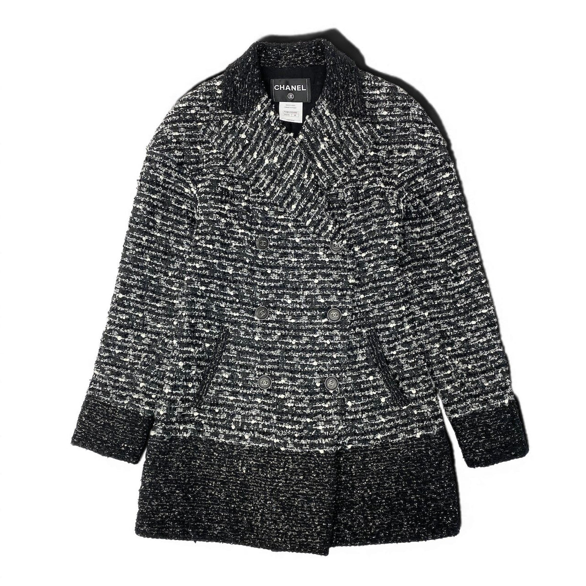@Cd20 CHANEL Tweed Coat Jacket, Coco Button, Double-Breasted, P41804W04950, Size 38, Gray, Women'snu1