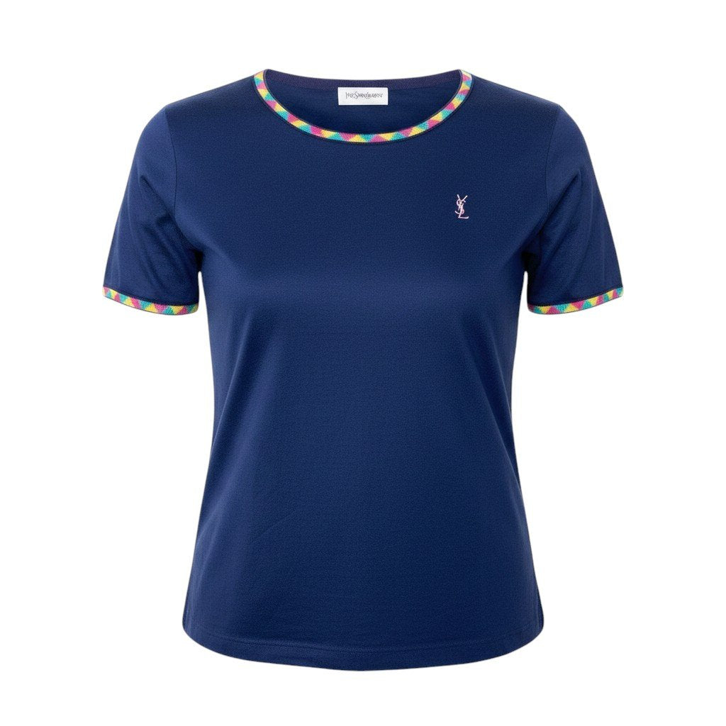 @If11 Yves Saint Laurent  YSL Logo Embroidered T-Shirt Navy Size M Women’so07t