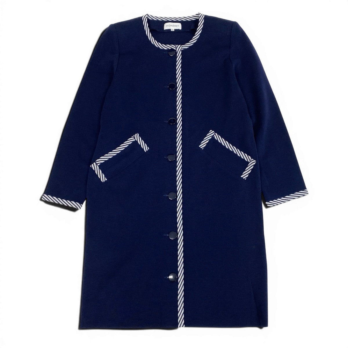 @M Eg11YVES SAINT LAURENT Collarless Striped Knit Coat Size L Navy Women o07t
