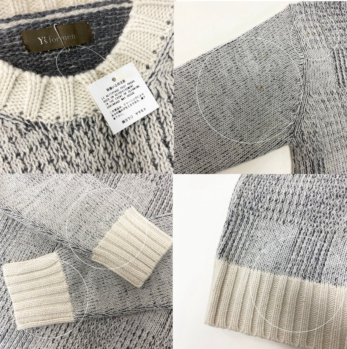 ＠H　Af25 Y's Yohji Yamamoto Wool Knit Sweater Size 3 Gray Ivory Made in Japan Men's