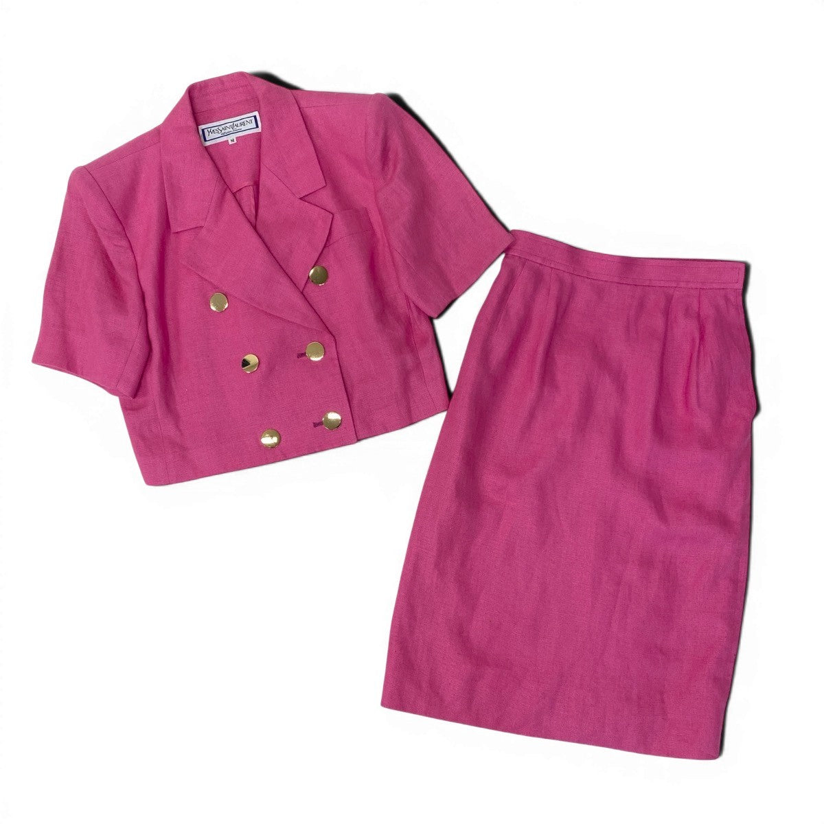 ＠Eg8 YVES SAINT LAURENT  Double Breasted Skirt Suit Set Gold Button Pink Linen Size M Women'so07t