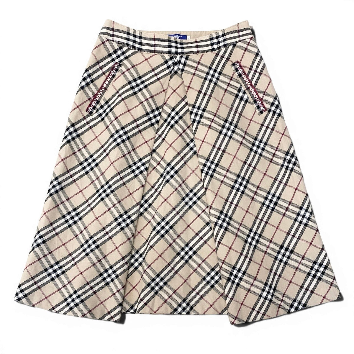 @Ig6 Burberry London Blue Label Nova Check Flare Knee Skirt Beige Size 34 FL525-400 Women'so07t
