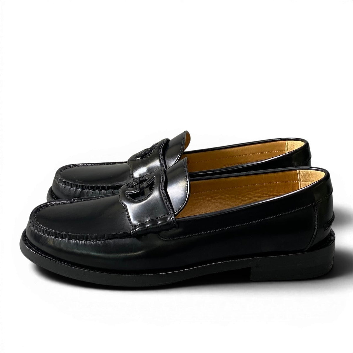 ＠e4 GUCCI Interlocking GG Logo Loafers Black Leather Slip On Dress Shoes 738470 Size 8.5 Men’s Italyo07t