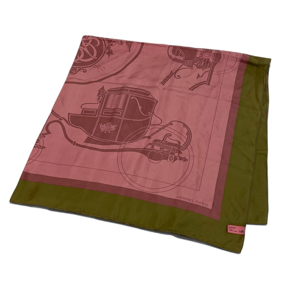 h12【美品】HERMES Carré 130 "Ex-Libris" (Carriage Motif) – Pink/Khaki – 100% Silk – Unisexk02i
